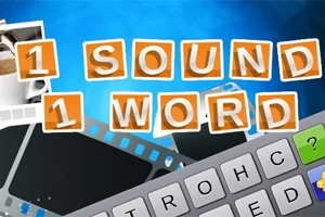 Texten 1 Sound 1 Word i orange bokstäver med ett tangentbord och filmrullar i bakgrunden mot en blå bakgrund