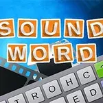 Texten 1 Sound 1 Word i orange bokstäver med ett tangentbord och filmrullar i bakgrunden mot en blå bakgrund