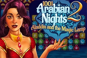 En tecknad kvinna i orientaliska kläder står framför en färgglad, mönstrad bakgrund med texten 1001 Arabian Nights 2 - Aladdin and the Magic Lamp