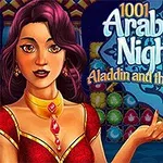 En tecknad kvinna i orientaliska kläder står framför en färgglad, mönstrad bakgrund med texten 1001 Arabian Nights 2 - Aladdin and the Magic Lamp