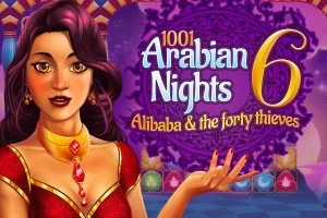 En illustrerad kvinna i röd klänning står framför en dekorativ bakgrund med texten 1001 Arabian Nights 6 – Alibaba & the forty thieves