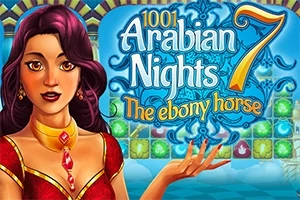 En färgglad illustration med en kvinna i röd klädsel och smycken, stående framför ett blått mönstrat bakgrund med texten 1001 Arabian Nights 7 The ebony horse