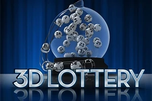 3D-text 3D LOTTERY i förgrunden med ett klot fullt av numrerade bollar mot en blå bakgrund