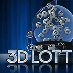 3D-text 3D LOTTERY i förgrunden med ett klot fullt av numrerade bollar mot en blå bakgrund