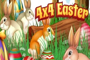 Färgglada kaniner och påskägg i gräs framför en stock med texten 4x4 Easter