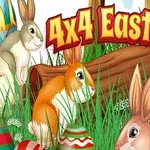 Färgglada kaniner och påskägg i gräs framför en stock med texten 4x4 Easter