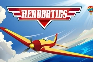 Ett gult och rött flygplan flyger genom en blå himmel med moln och en luftballong synlig i fjärran