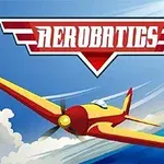 Ett gult och rött flygplan flyger genom en blå himmel med moln och en luftballong synlig i fjärran