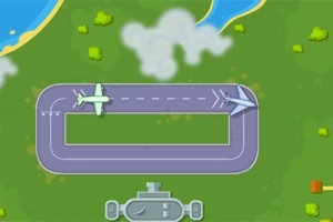 Flygplatsvy med två flygplan på en landningsbana, omgivna av grönska och vattenområden