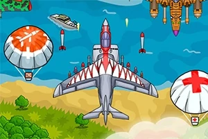 Illustration av ett flygplan med raketer, fallskärmar och en båt vid en strandlinje