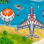 Illustration av ett flygplan med raketer, fallskärmar och en båt vid en strandlinje