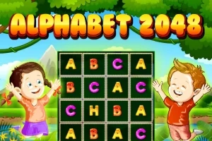 Två glada barn står vid en spelbräda med bokstavskakel, omgivna av grönska och texten ALPHABET 2048 ovanför