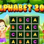 Två glada barn står vid en spelbräda med bokstavskakel, omgivna av grönska och texten ALPHABET 2048 ovanför