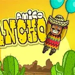 Tecknad man med sombrero hållande två blå ballonger, omgiven av kaktusar mot en gul bakgrund