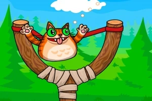 En tecknad katt med stora gröna ögon sitter i en slangbella omgiven av en skog
