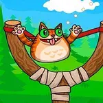 En tecknad katt med stora gröna ögon sitter i en slangbella omgiven av en skog
