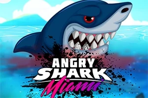 Tecknad haj med vassa tänder över havet och texten Angry Shark Miami i nedre delen av bilden