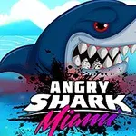 Tecknad haj med vassa tänder över havet och texten Angry Shark Miami i nedre delen av bilden