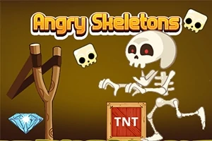 En tecknad bild med en katapult, ett skelett, en TNT-låda, och en diamant mot en brun bakgrund