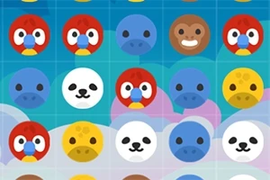 Färgglada cirklar med ansikten av olika djur emojis ordnade i ett rutmönster