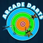 Darttavla med tre pilar träffade i olika områden, omgiven av texten Arcade Darts
