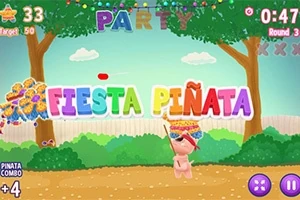 En tecknad figur står under färgglada bokstäver i en festlig utomhusmiljö med en piñata i förgrunden