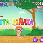 En tecknad figur står under färgglada bokstäver i en festlig utomhusmiljö med en piñata i förgrunden