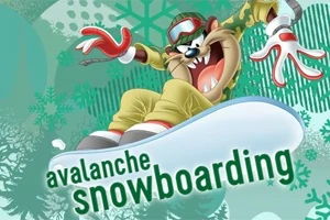 En tecknad figur åker snowboard, iklädd en vinterdräkt och goggles, med texten avalanche snowboarding i förgrunden