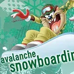 En tecknad figur åker snowboard, iklädd en vinterdräkt och goggles, med texten avalanche snowboarding i förgrunden