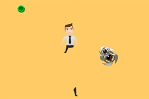 En tecknad figur med slips hoppar över en snurrande robot på en gul bakgrund