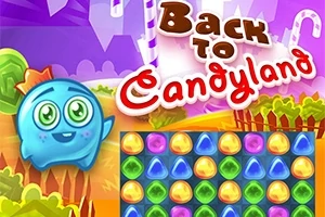 Tecknad blå karaktär med stora ögon bredvid ett färgglatt pussel och texten Back to Candyland i ett godislandskap