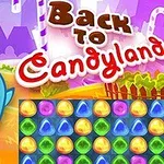 Tecknad blå karaktär med stora ögon bredvid ett färgglatt pussel och texten Back to Candyland i ett godislandskap
