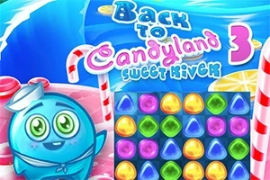 Blå karaktär med sjömanshatt och färgglada godisbitar på rutnät med titeln Back to Candyland 3 Sweet River