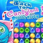 Blå karaktär med sjömanshatt och färgglada godisbitar på rutnät med titeln Back to Candyland 3 Sweet River