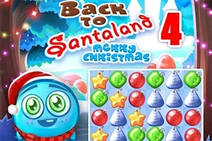 Juligt, färgglatt pussel med jultema, en glad blå figur med tomteluva och texten Back to Santaland 4