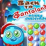 Juligt, färgglatt pussel med jultema, en glad blå figur med tomteluva och texten Back to Santaland 4