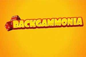 En färgglad logotyp med texten Backgammonia i gula bokstäver mot en orange bakgrund och två röda tärningar