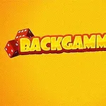 En färgglad logotyp med texten Backgammonia i gula bokstäver mot en orange bakgrund och två röda tärningar