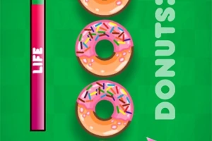 Tre munkar med rosa glasyr och strössel, vertikal text DONUTS, och en livsmätare på en grön bakgrund
