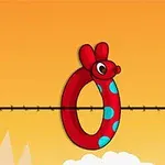 En röd musformad ring med blå prickar balanserar på en vajer mot en orange himmel
