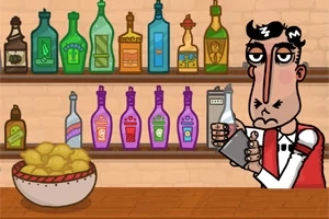 En tecknad bartender fyller en shaker bakom en bardisk med flaskor och en skål med citroner i förgrunden
