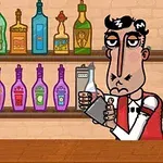 En tecknad bartender fyller en shaker bakom en bardisk med flaskor och en skål med citroner i förgrunden