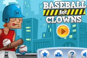 En tecknad karaktär med blå hjälm och röd väst håller i ett basebollträ och basebollar framför en stadsbakgrund, med en stor gul spelknapp och texten Baseball for Clowns