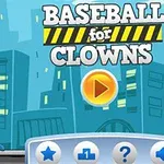 En tecknad karaktär med blå hjälm och röd väst håller i ett basebollträ och basebollar framför en stadsbakgrund, med en stor gul spelknapp och texten Baseball for Clowns