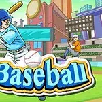 En tecknad basebollspelare i blå uniform svingar ett slagträ på en färgglad stadion med stora strålkastare och texten Baseball framför