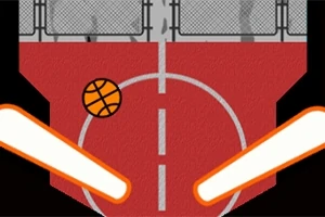 Röd basketplan med en basketboll och två vita lysande flipperspelsflipper