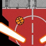 Röd basketplan med en basketboll och två vita lysande flipperspelsflipper