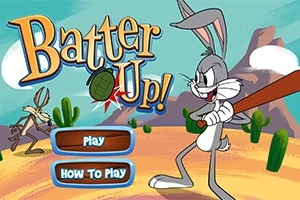 Två animerade djurfigurer i en ökenmiljö med berg i bakgrunden, där en av dem håller i ett basebollträ och texten Batter Up!