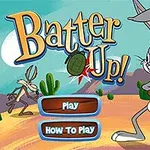 Två animerade djurfigurer i en ökenmiljö med berg i bakgrunden, där en av dem håller i ett basebollträ och texten Batter Up!
