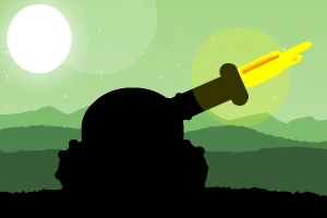 En silhuett av en kanon mot en grön himmel med berg i bakgrunden och en sol samt en gul explosionseffekt